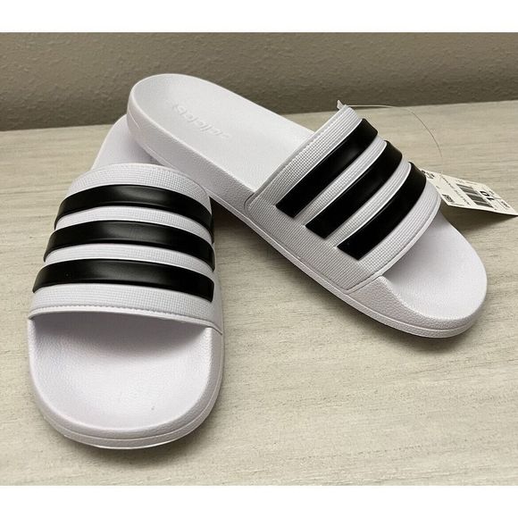 Adidas Mens Sz 10 Adilette Black White Shower Slide Open Toe Sandals NEW! - Picture 1 of 14